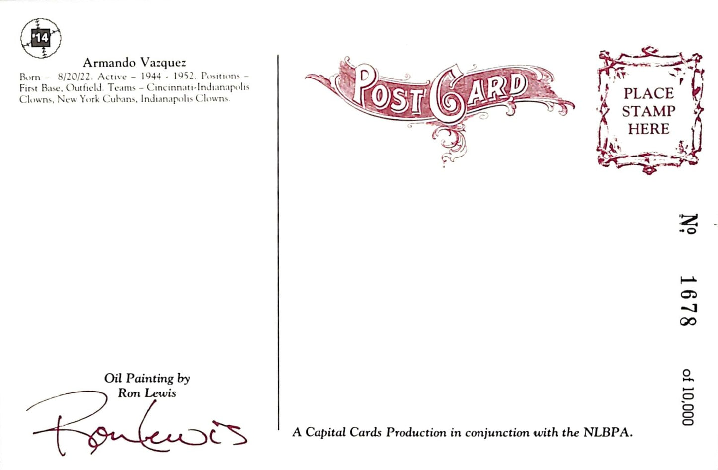 Armando Vazquez Signed Negro League - Clowns Ron Lewis Post Card 181249