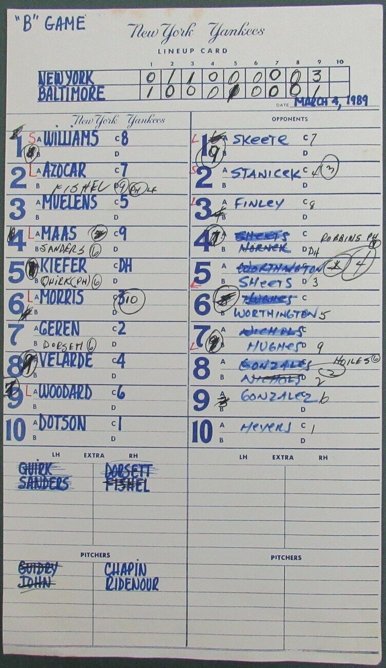 1989 New York Yankees Spring Training 9x15 Lineup Card vs.Orioles Ripken 150881
