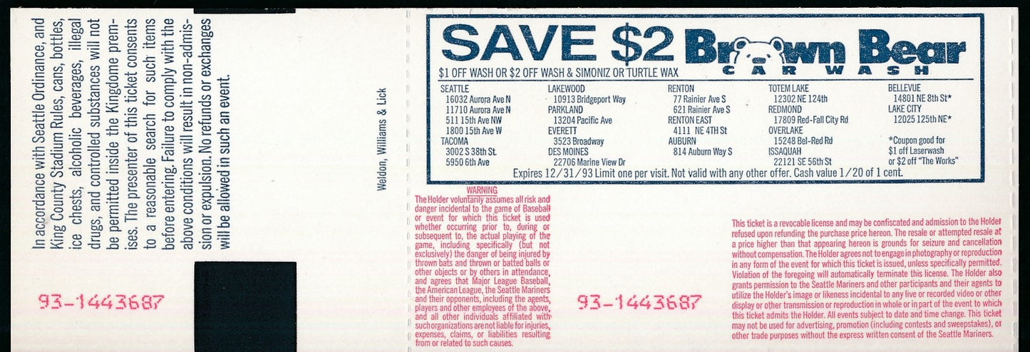 Nolan Ryan Rangers Full Ticket September 22, 1993 Mariners vs. Rangers 186492