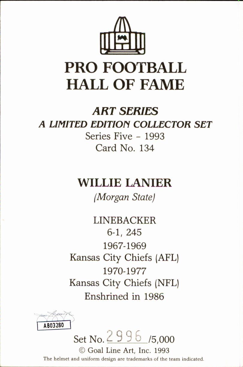 Willie Lanier HOF Chiefs Signed/Inscr Goal Line Art GLAC Postcard JSA 167170