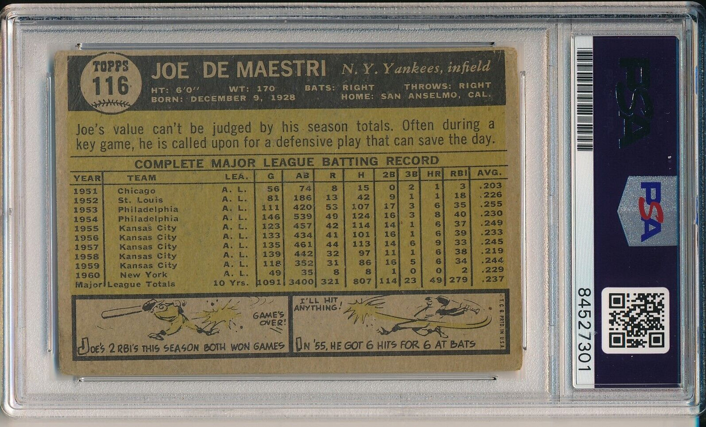 Joe DeMaestri Yankees Signed/Autographed 1961 TOPPS Card #116 PSA/DNA 166518