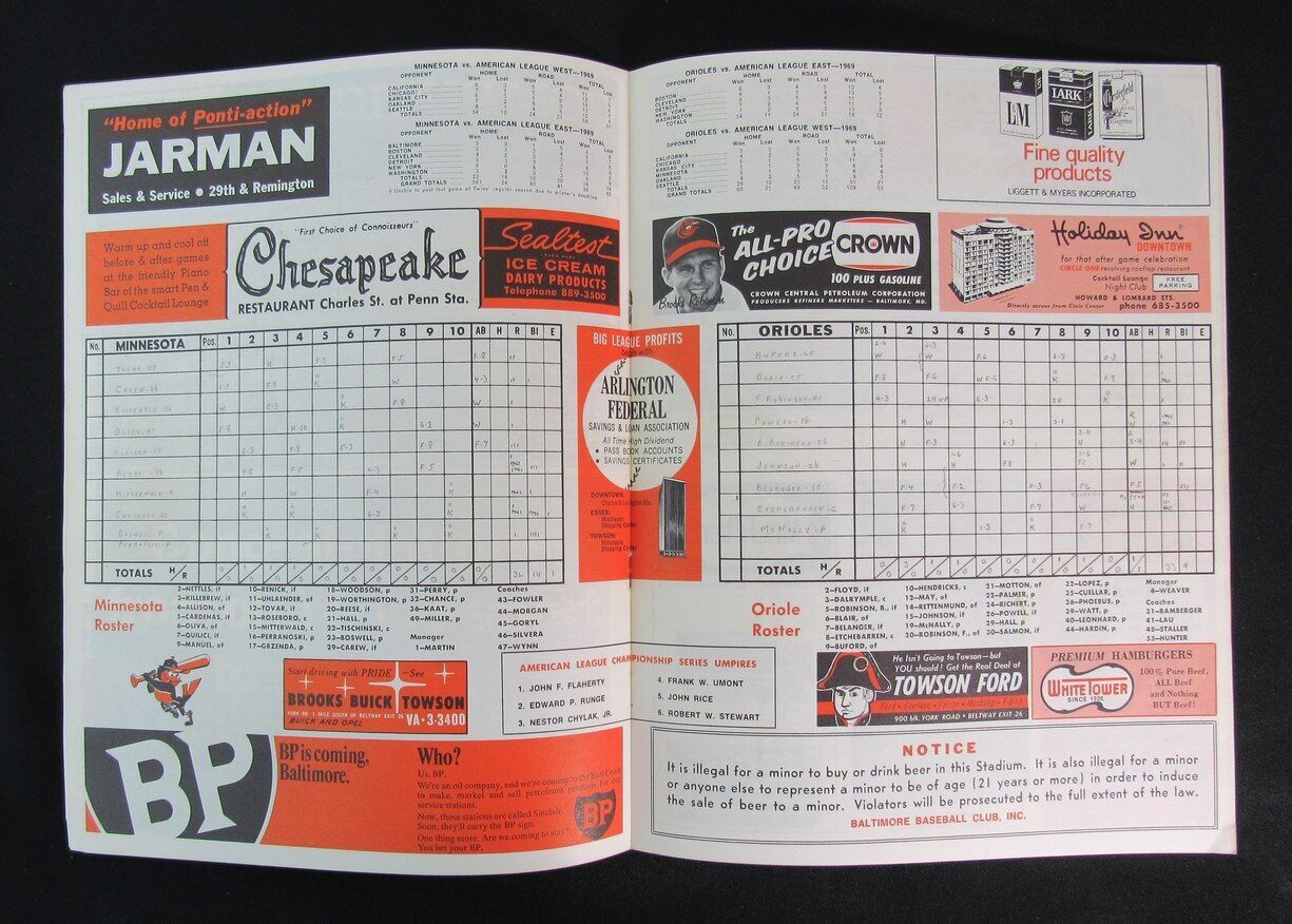 1969 American League Championship Series Orioles vs. Twins Official Program