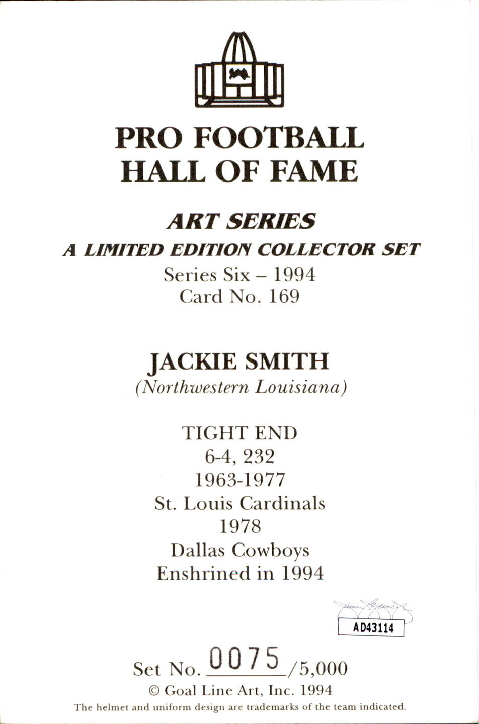 Jackie Smith HOF Autographed Goal Line Art GLAC Postcard St. Louis Cardinals JSA