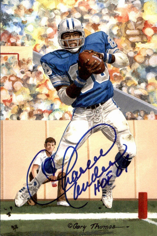 Charlie Sanders HOF Lions Signed/Inscr Goal Line Art GLAC Postcard JSA 167139