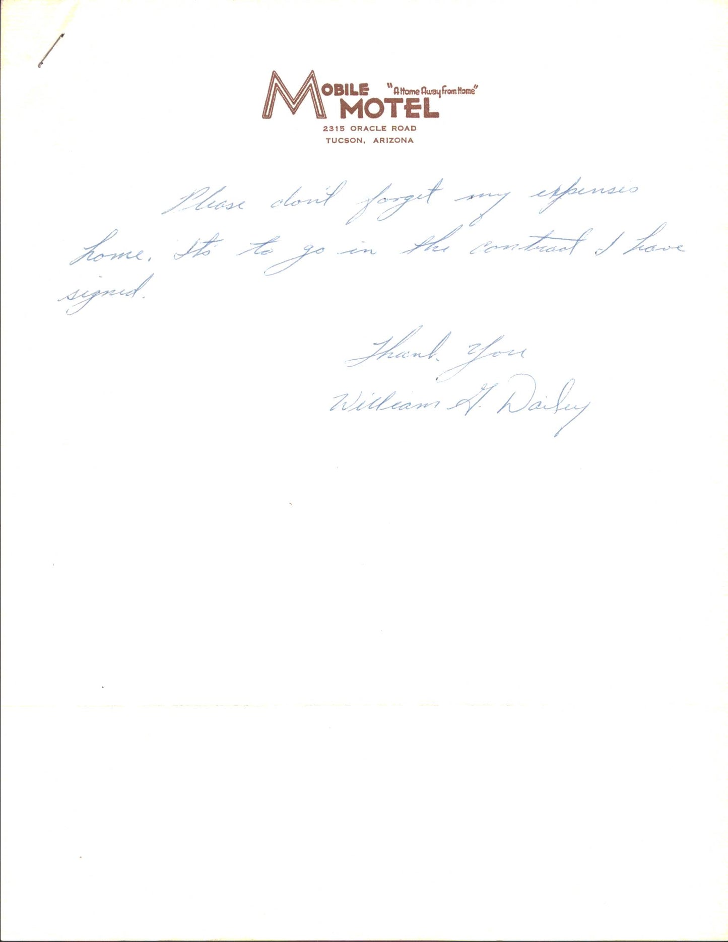 William G. Dailey Indians/Twins Signed Personal Letter from Mobile Motel 151635