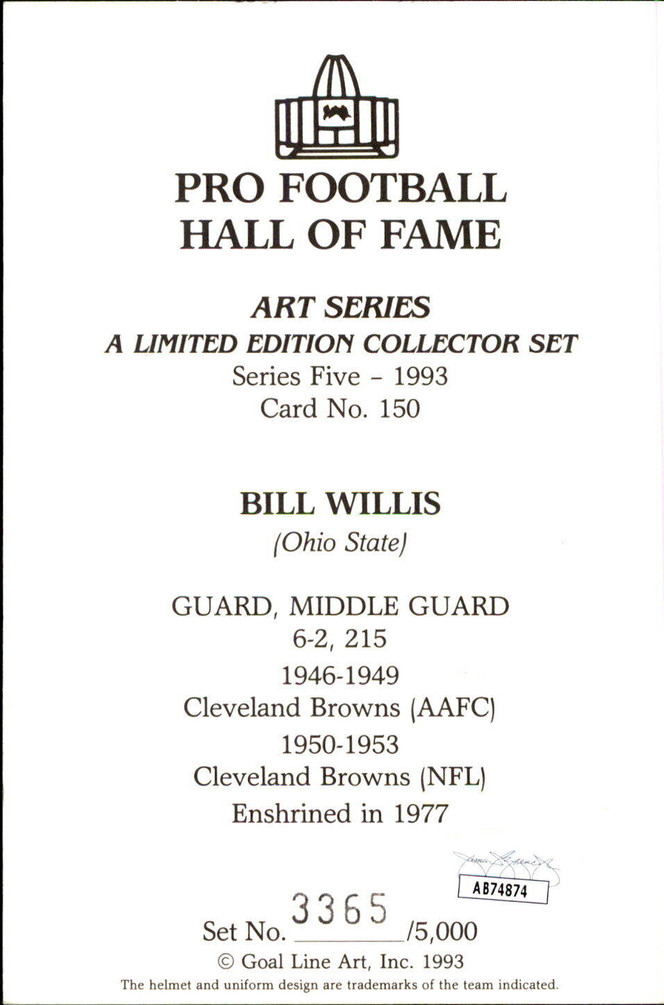 Bill Willis HOF Autographed/Inscribed Goal Line Art GLAC Postcard Browns JSA