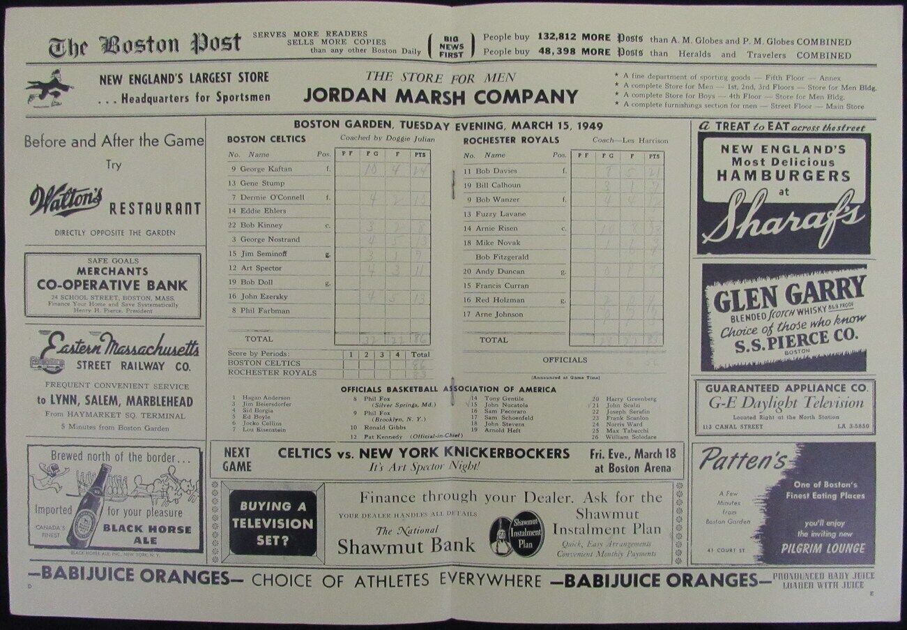 Vintage 1949 Boston Celtics vs. Rochester Royals Game Program 176877