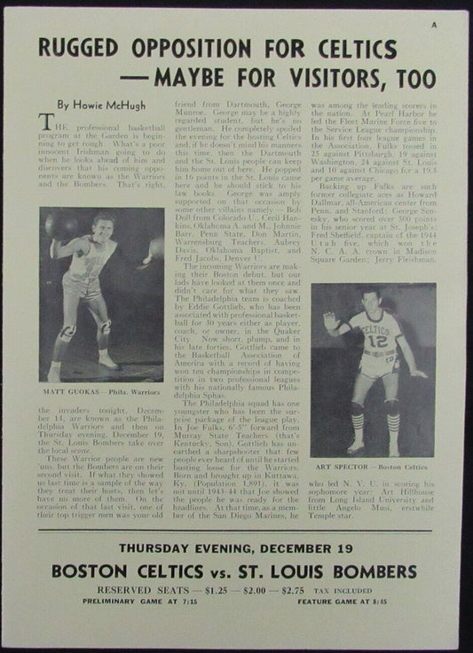 Vintage 1946 Boston Celtics vs. Philadelphia Warriors Game Program 176882