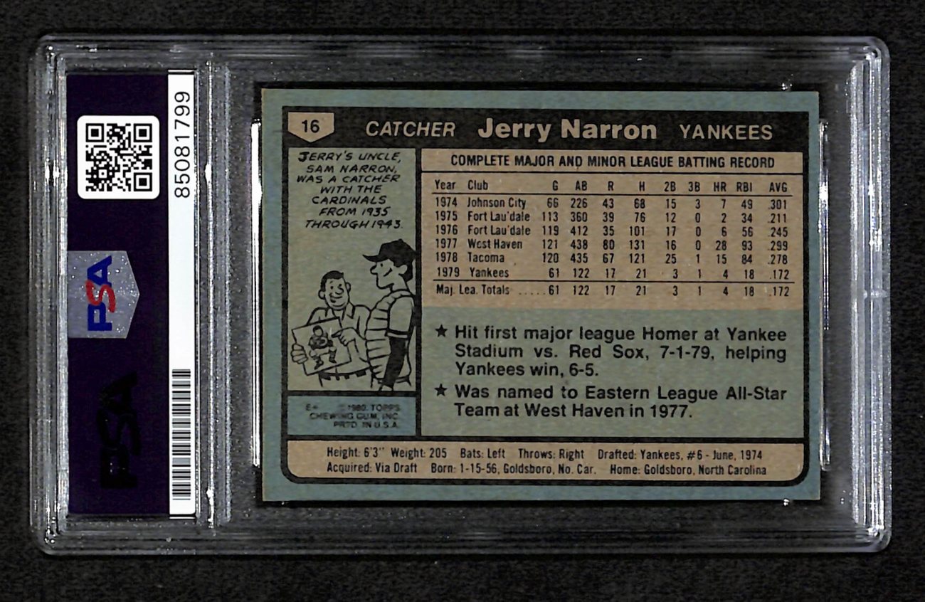 Jerry Narron Signed 1980 Topps Card #16 New York Yankees PSA/DNA 184570