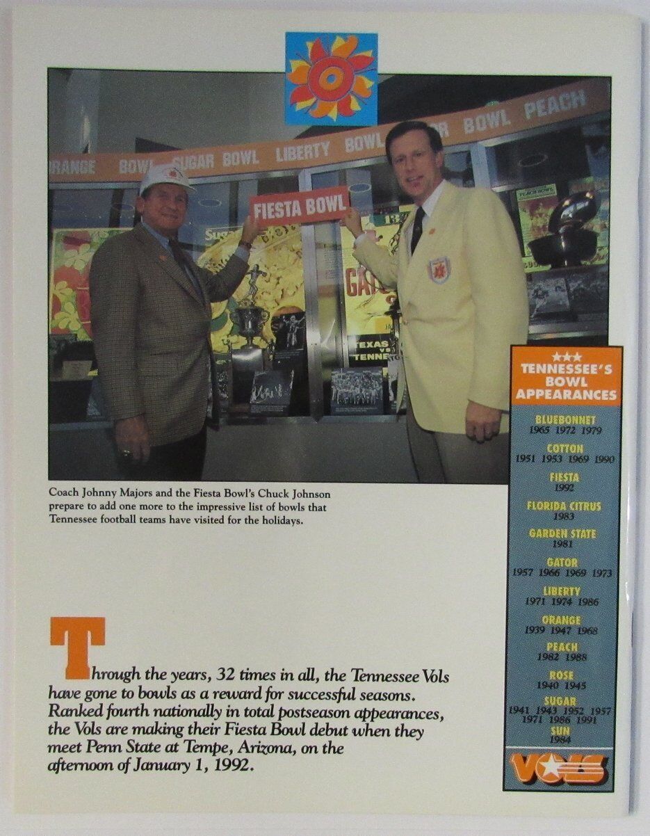 1992 Fiesta Bowl Media/Press Guide Tennessee vs Penn State 136995