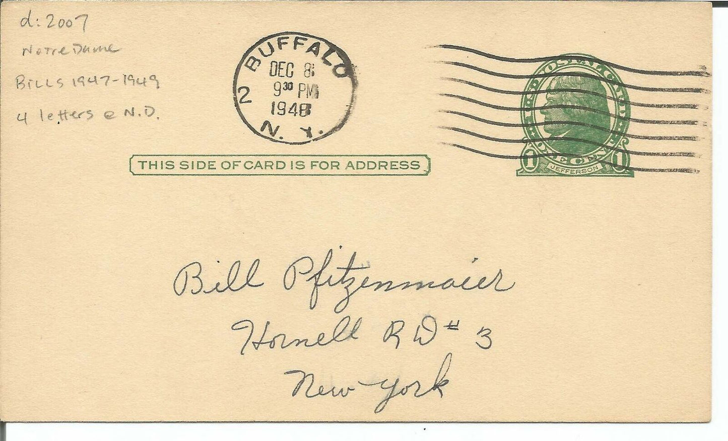 George Ratterman Buffalo Bills Signed/Autographed 1948 GPC/Postcard 150420
