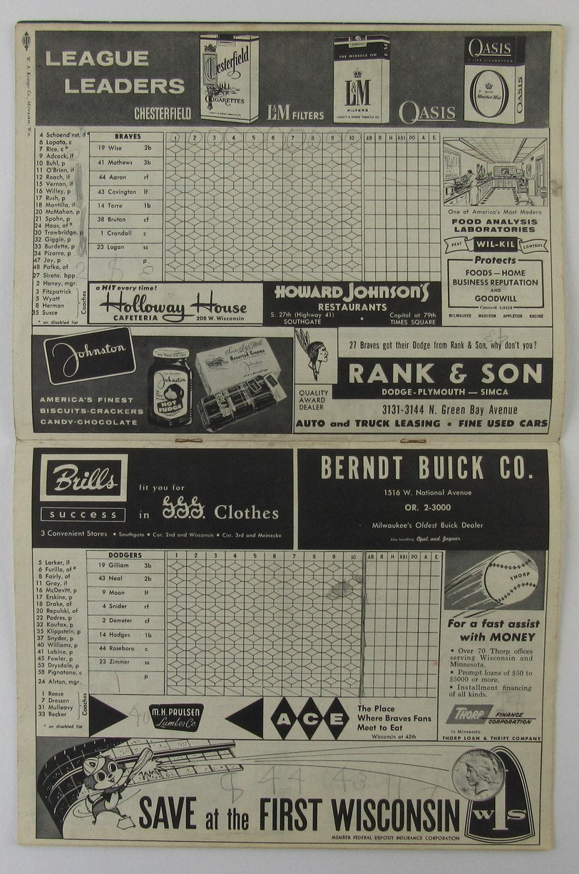 1959 Milwaukee Braves vs. Dodgers Unscored Official Scorecard Aaron 8/17/59