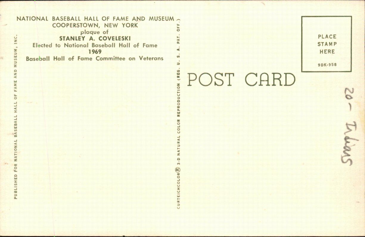 Stan Coveleski HOF Cleveland Indians Signed/Auto HOF Plaque Postcard 162495