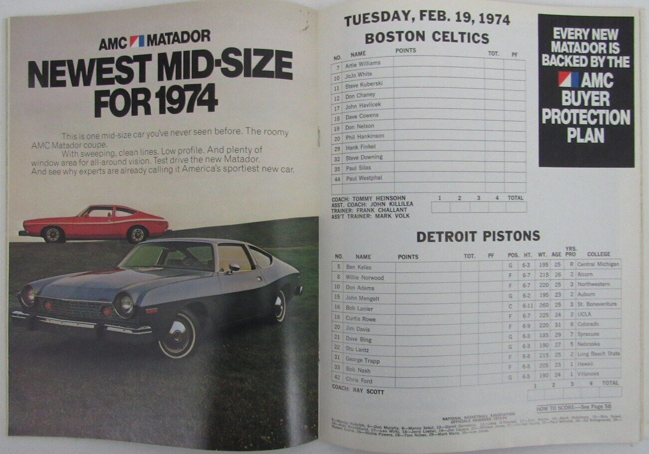 1973/74 Boston Celtics vs. Detroit Pistons Basketball Game Program 176330