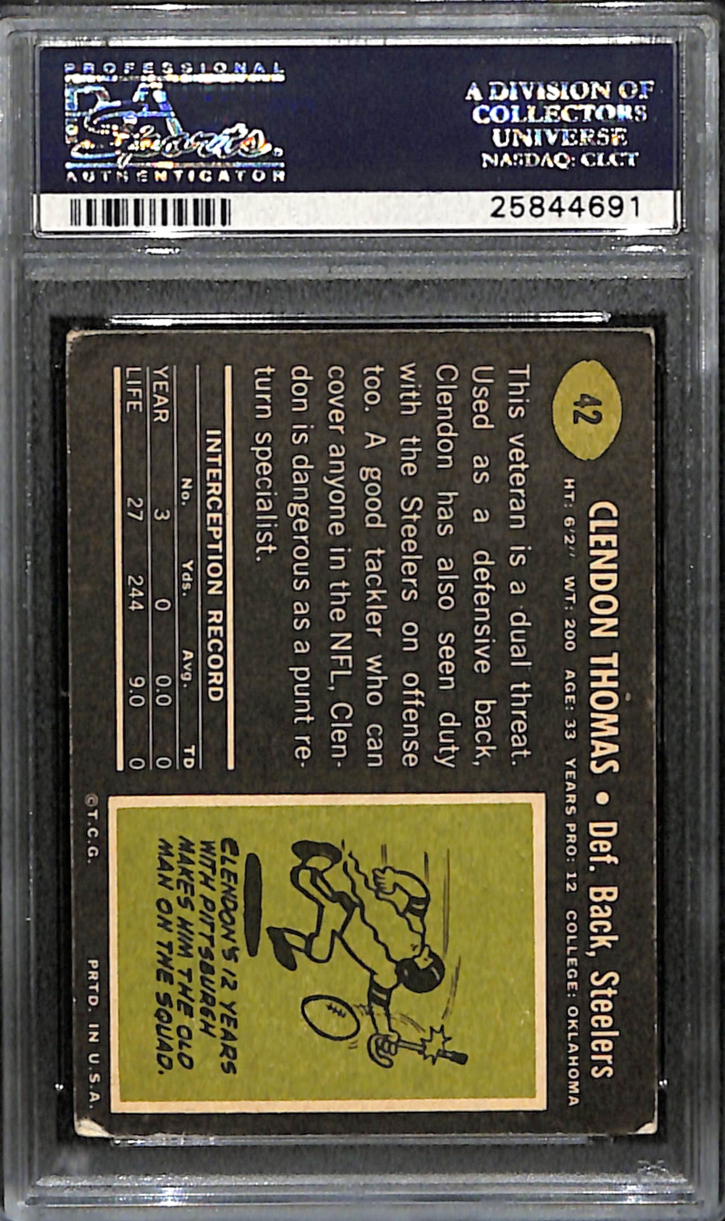 Clendon Thomas Signed 1969 Topps Card #42 Pittsburgh Steelers PSA/DNA 185962