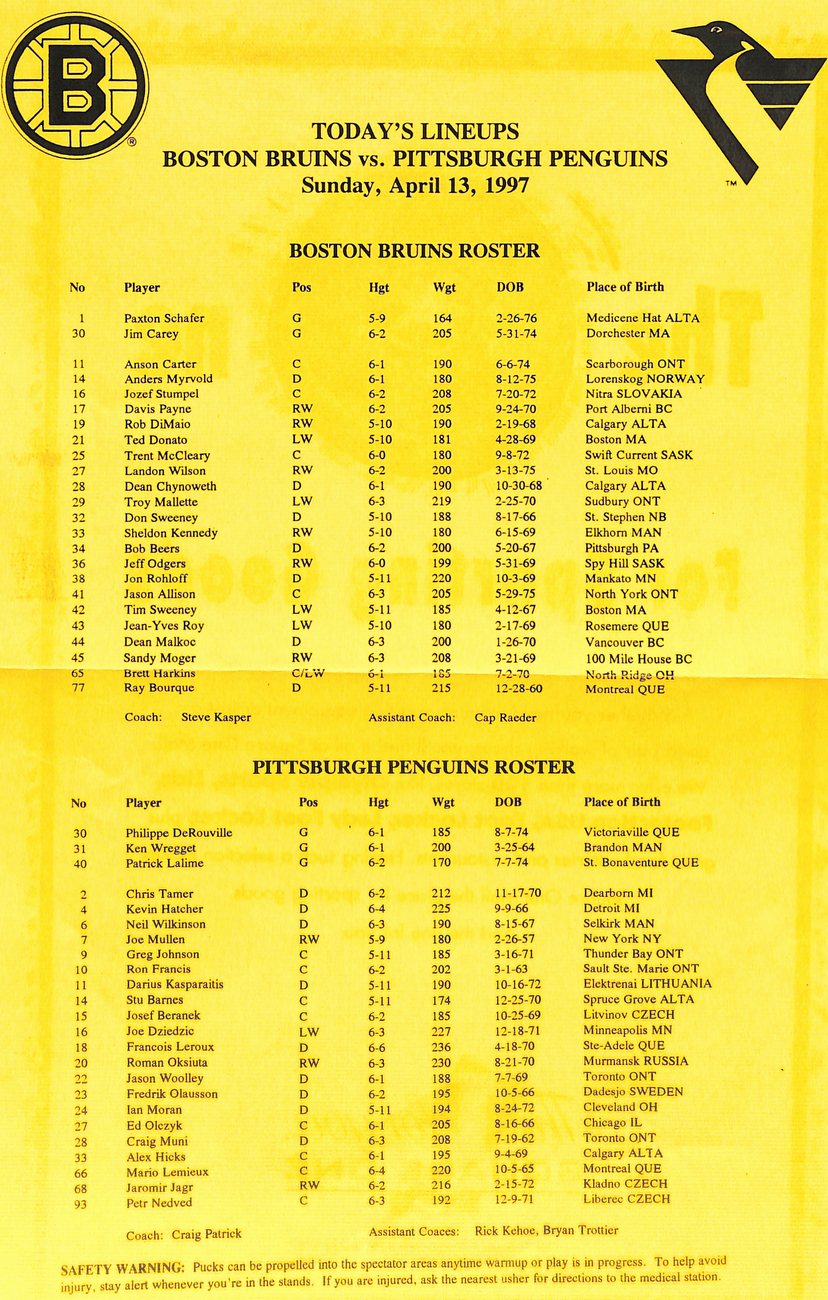 April 13 1997 Boston Bruins vs Pittsburgh Penguins Offical Game Program 182020