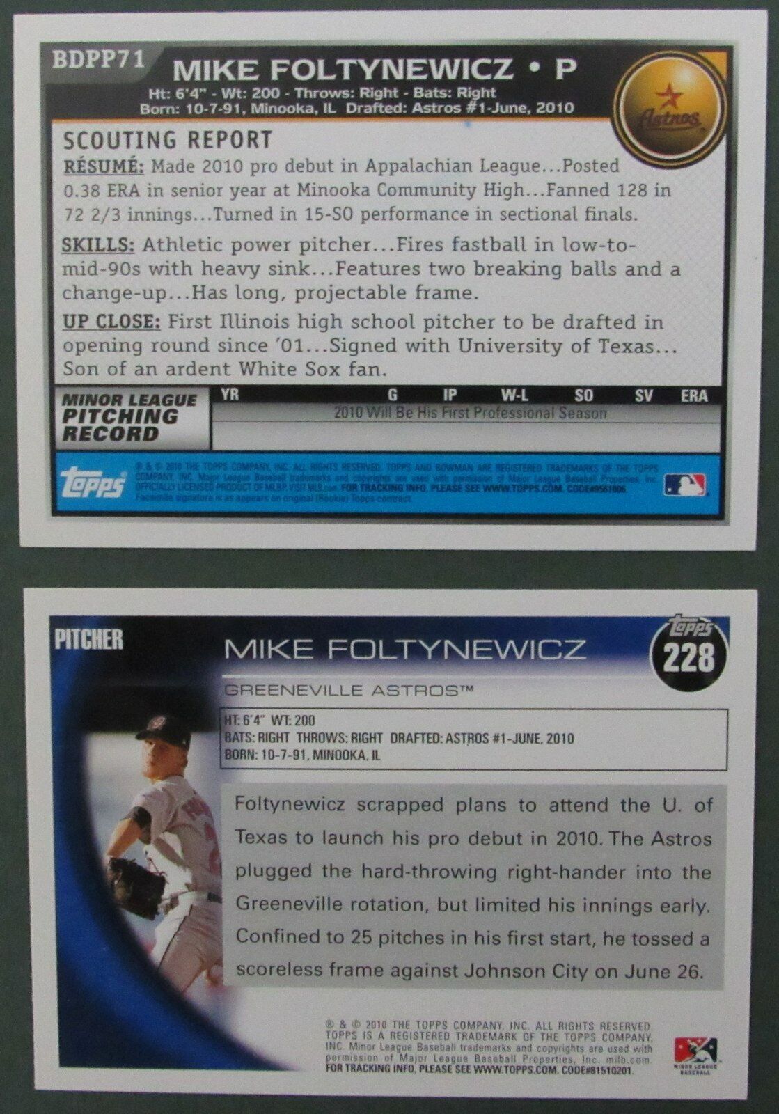 Lot of 2 Mike Foltynewicz Greenville Astros Signed Rookie Trading Cards 146620
