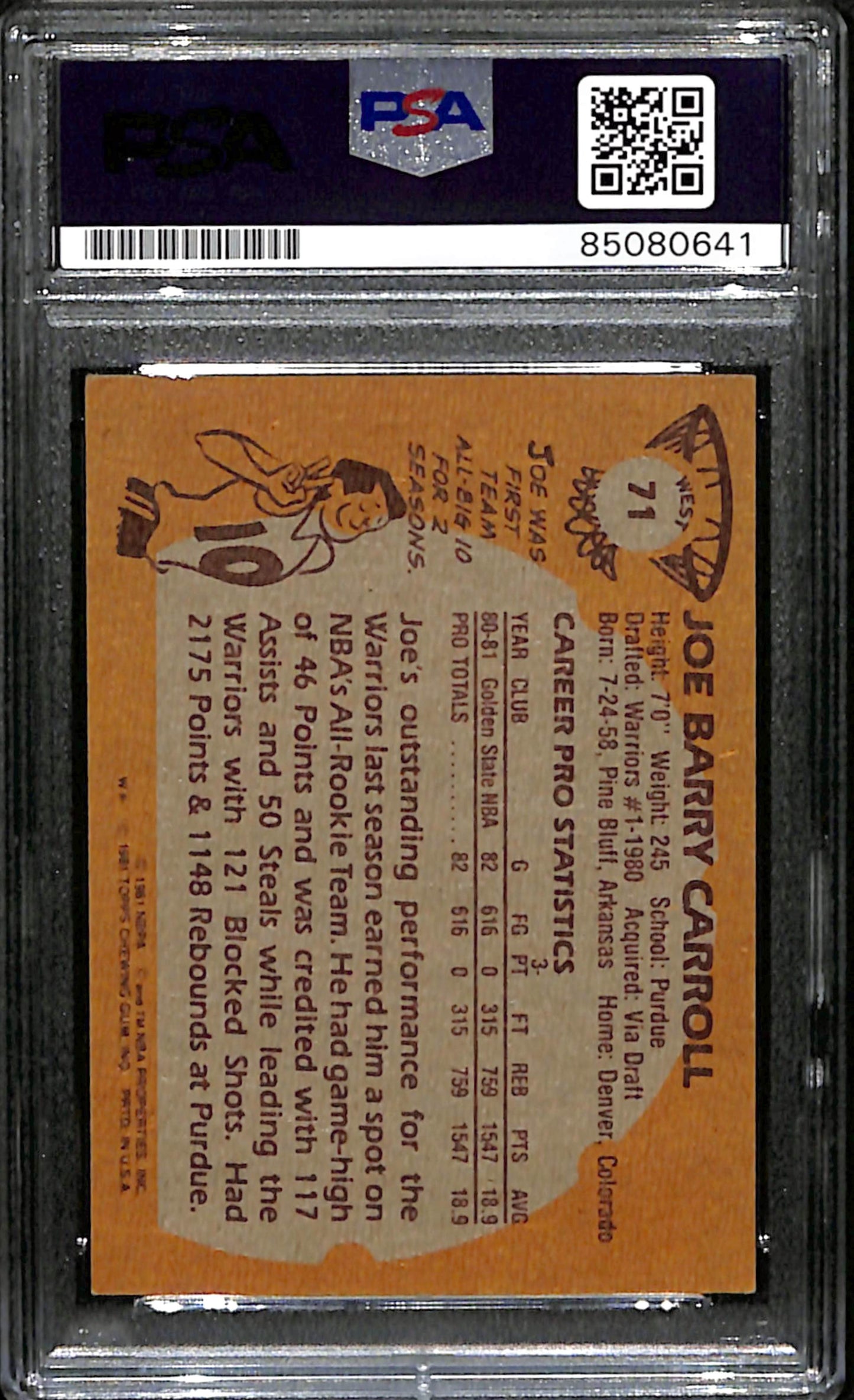 Joe Barry Carroll Signed 1981 Topps Card #71 Warriors PSA/DNA 185087