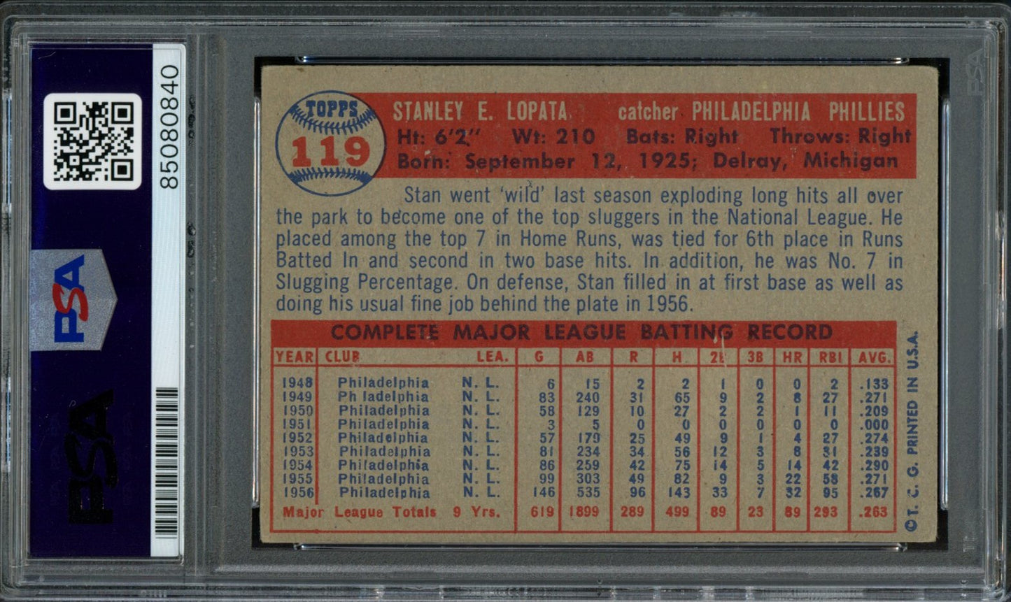 Stan Lopata Signed 1957 Topps Card #119 Philadelphia Phillies PSA/DNA 184169