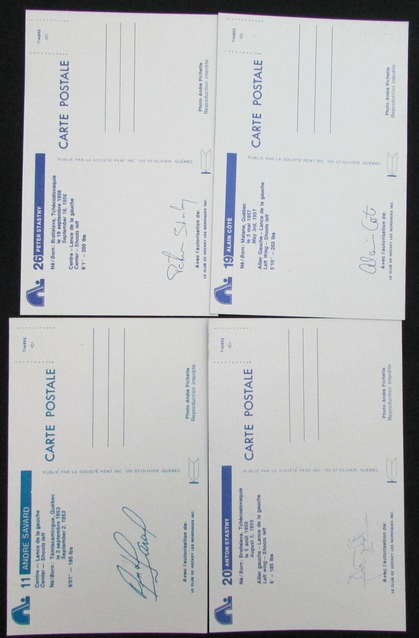Lot of 4 Quebec Nordiques Signed 3.5x5.5 Team Postcard incl. Savard 150468
