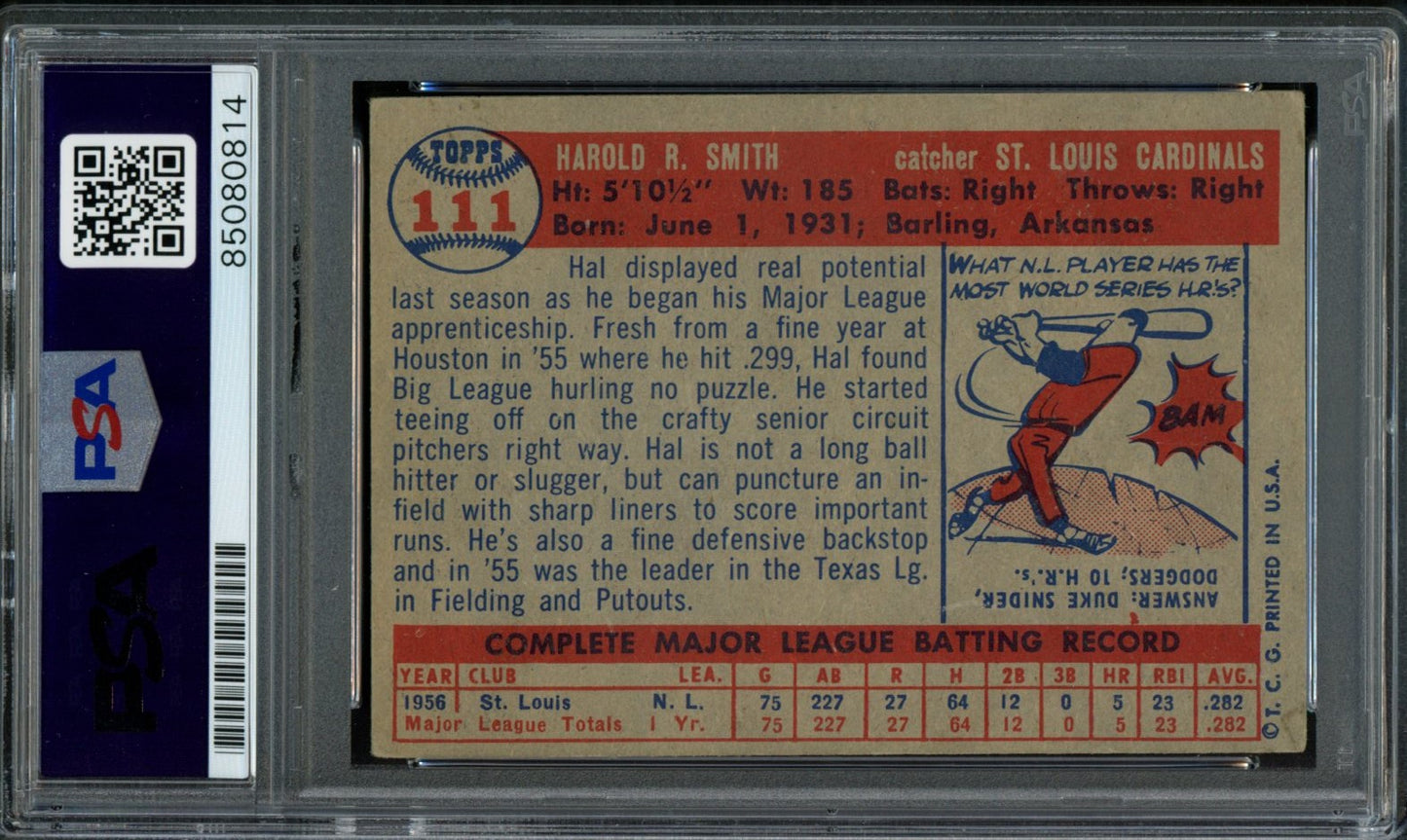 1957 TOPPS Hal Smith #111 Auth Card Signed Cardinals PSA/DNA 184119