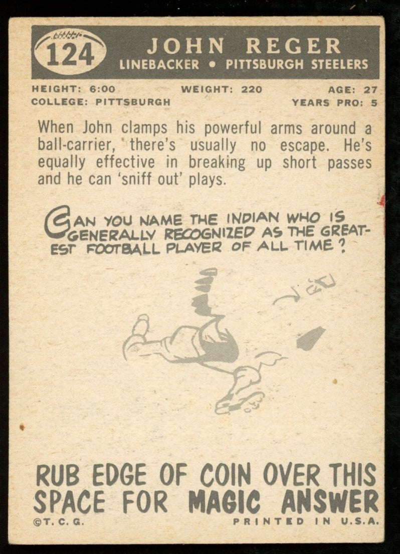 1959 TOPPS Football Card #124 Signed/Auto John Reger Pittsburgh Steelers