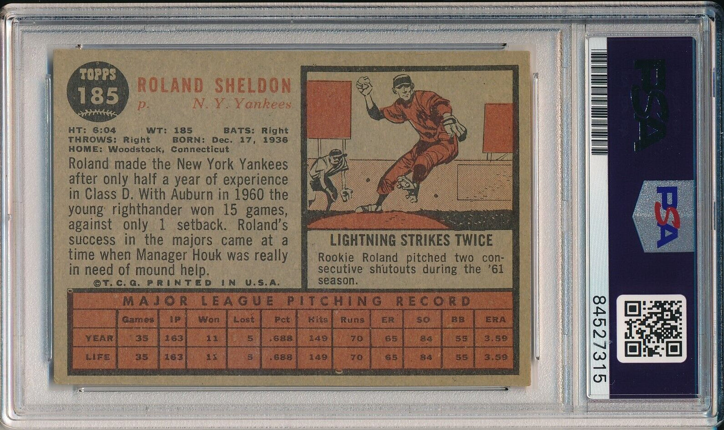 Roland Sheldon Yankees Signed/Autographed 1962 TOPPS Card #185 PSA/DNA 166507
