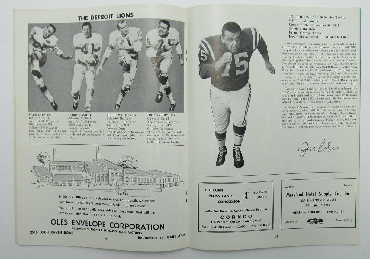 1962 Baltimore Colts vs. Detroit Lions Football Game Program 167585