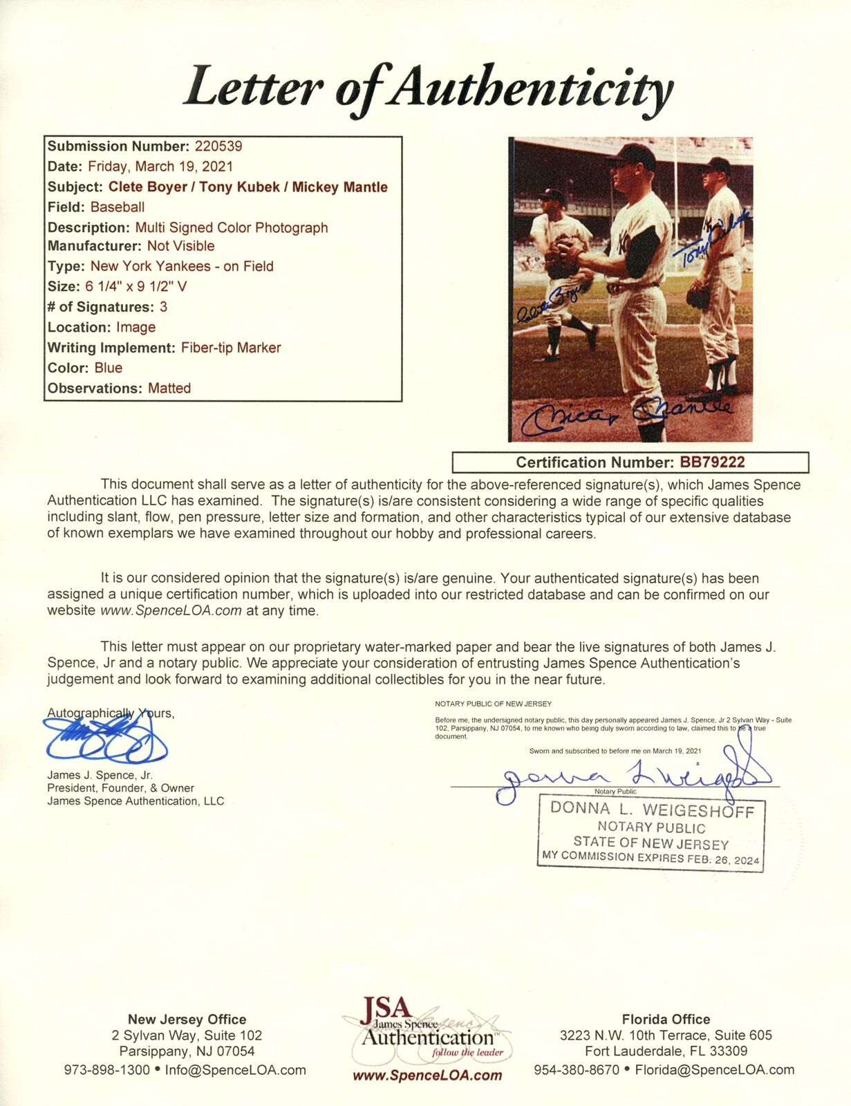 Mickey Mantle/Kubek/Boyer Yankees Signed/Auto 8x10 Photo Framed JSA 158839