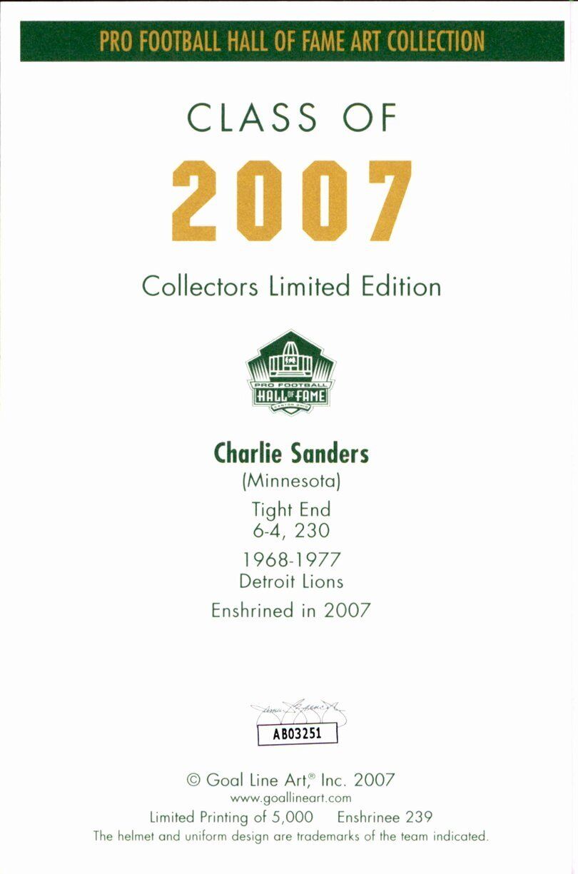 Charlie Sanders HOF Lions Signed/Inscr Goal Line Art GLAC Postcard JSA 167139