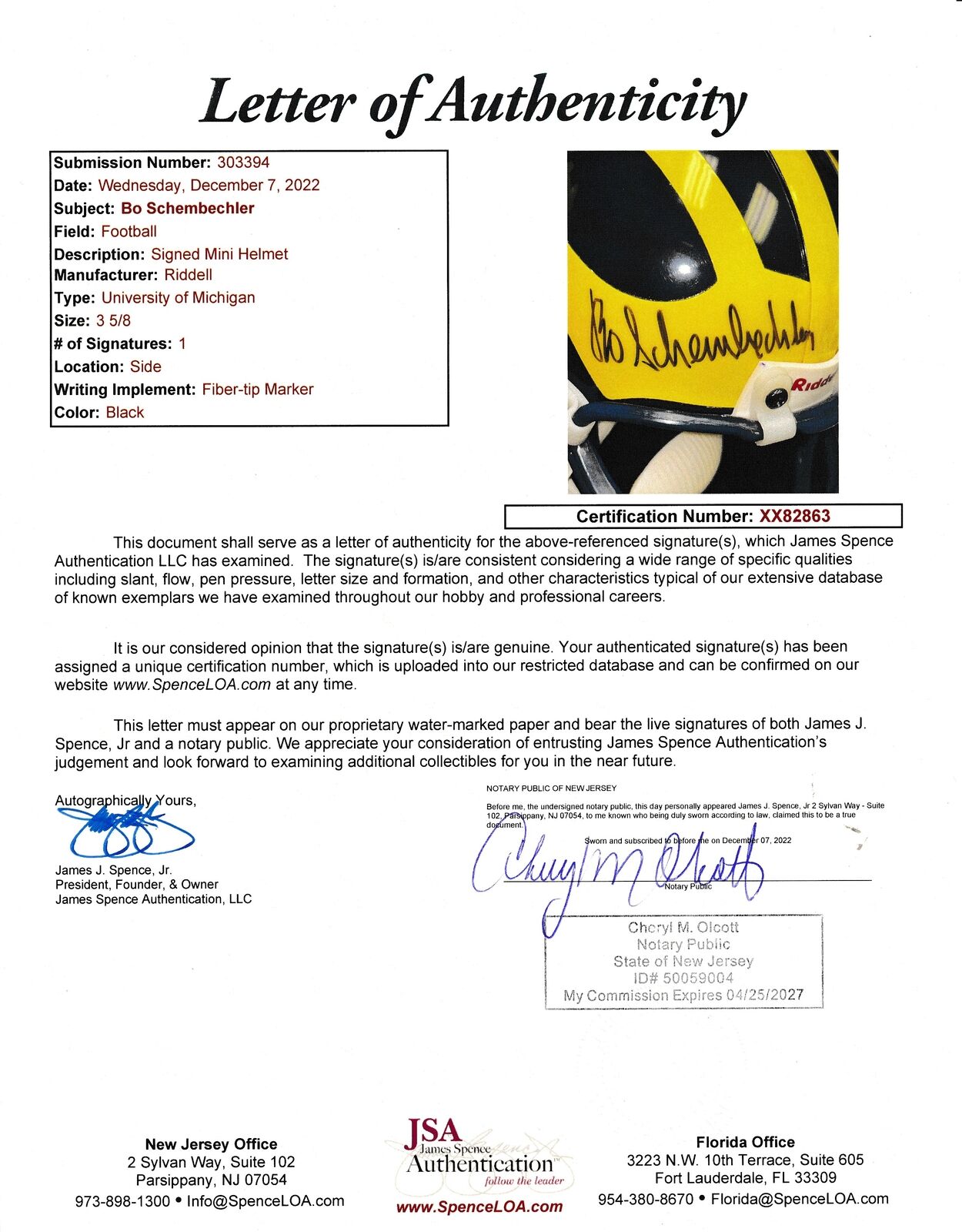 Bo Schembechler Autographed Mini Football Helmet Michigan Legendary Coach JSA