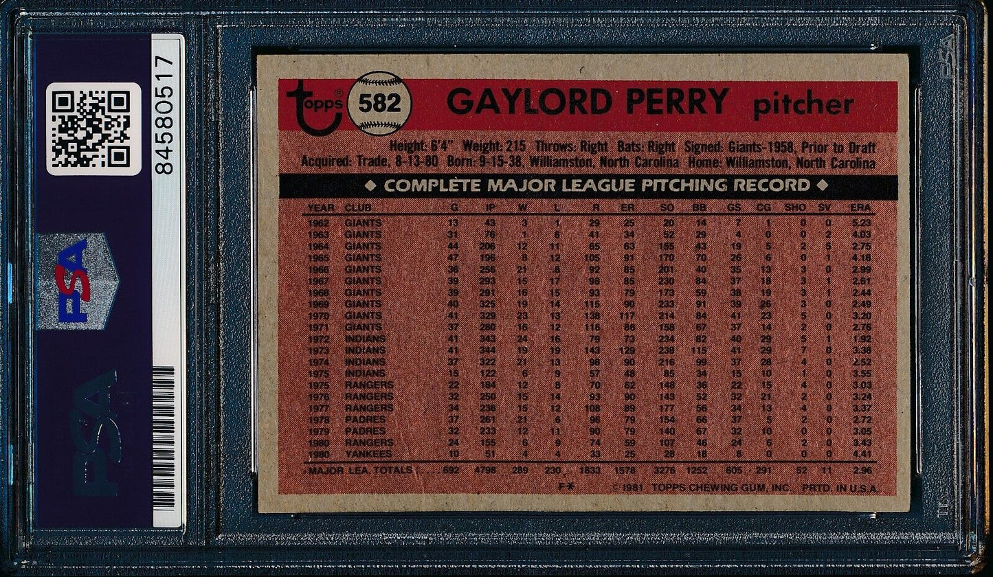 Gaylord Perry HOF Signed/Auto 1981 TOPPS Card #582 New York Yankees PSA/DNA