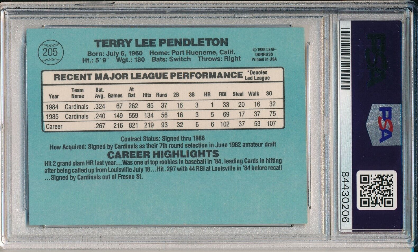 Terry Pendleton Cardinals Signed/Auto 1986 Donruss Card #205 PSA/DNA 164187