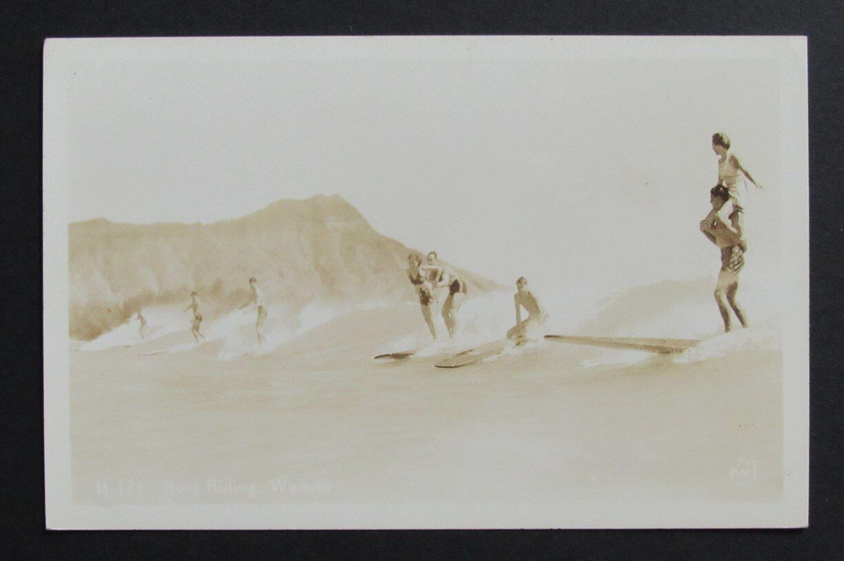 Vintage Surfing Waikiki Theme B/W Photo Postcard
