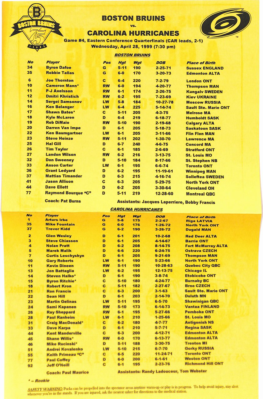 April 28, 1999 Boston Bruins vs. Carolina Hurricanes Playoff Game Program 181784
