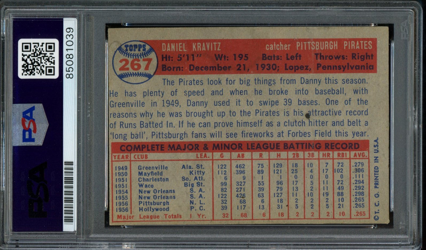 Danny Kravitz Signed 1957 Topps Trading Card #267 Pirates PSA/DNA 183584
