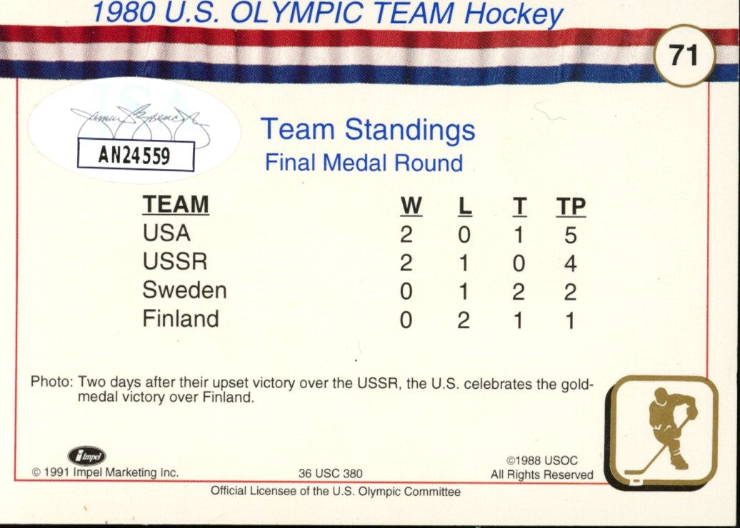 Mike Eruzione Signed 1991 Impel #71 1980 U.S. Olympic Hockey Team JSA 188320