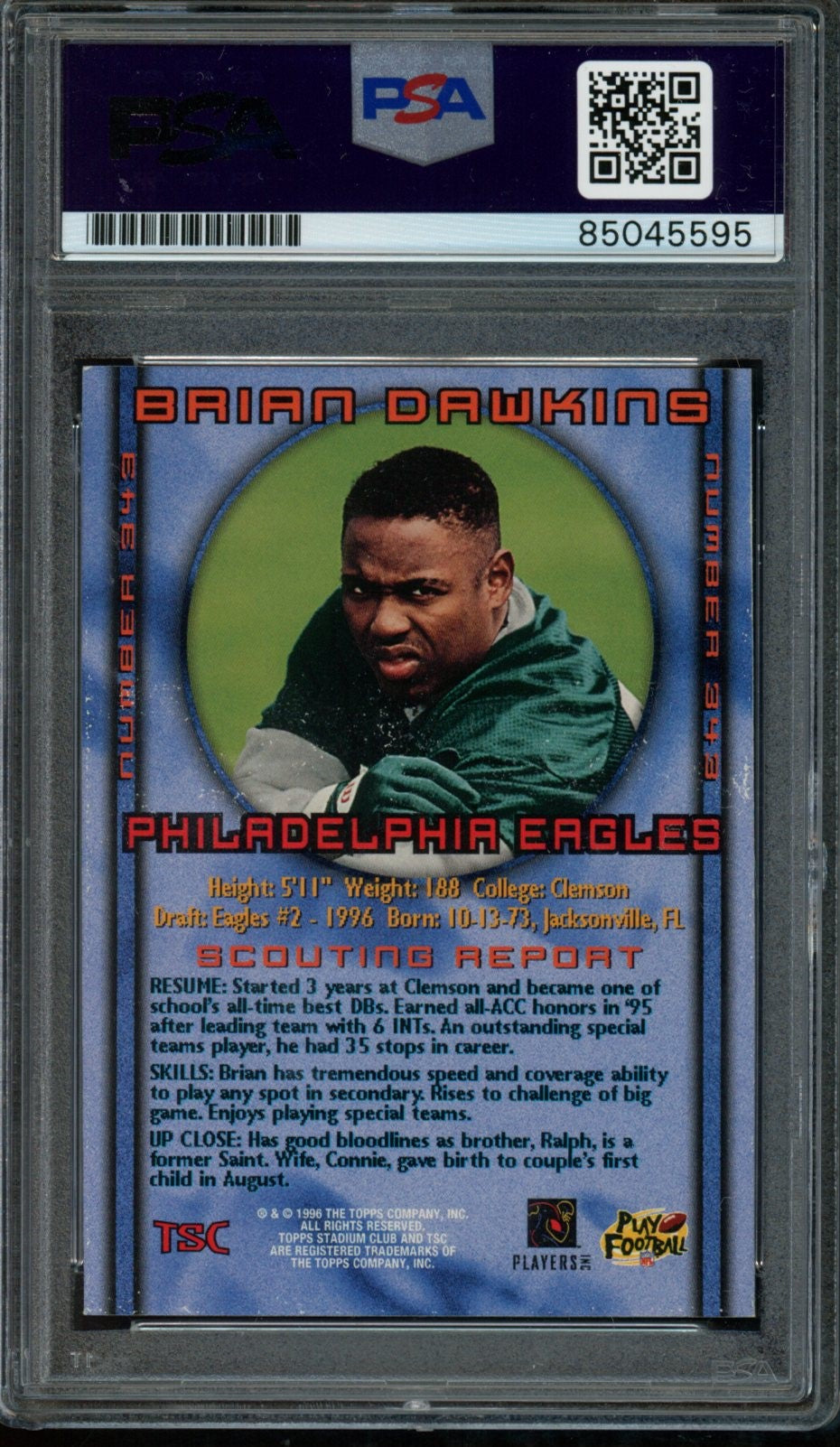 Brian Dawkins HOF Eagles Signed 1996 TOPPS Stadium Club Rookie Card #343 PSA/DNA