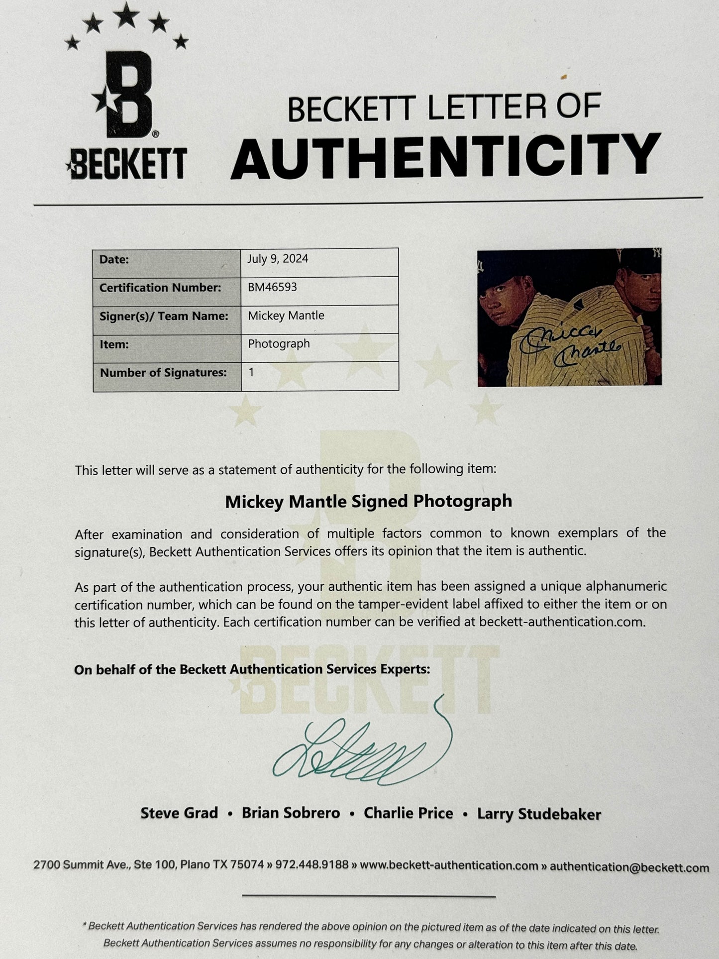 Mickey Mantle HOF Signed/Autographed 8x10 Photo New York Yankees Beckett 191828