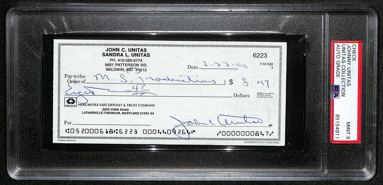 Johnny Unitas HOF Signed/Autographed 2000 Bank Check Colts PSA/DNA MINT 9 189576