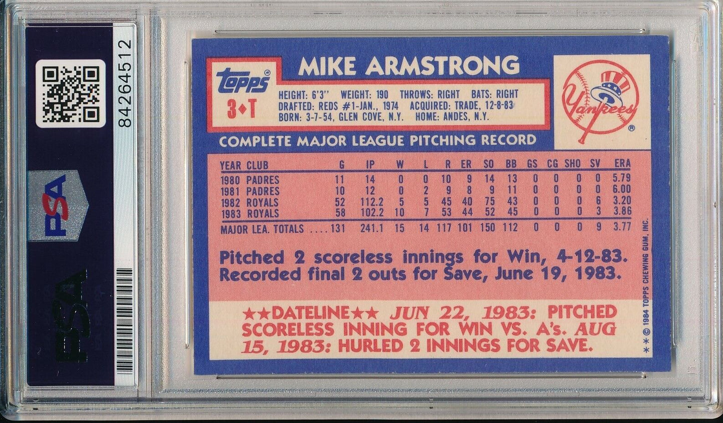 Mike Armstrong Yankees Signed/Auto 1984 TOPPS Traded Card #3T PSA/DNA 156626