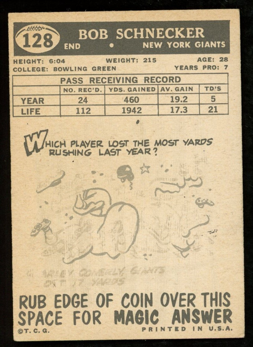 1959 TOPPS Football Card #128 Signed/Auto Bob Schnelker New York Giants
