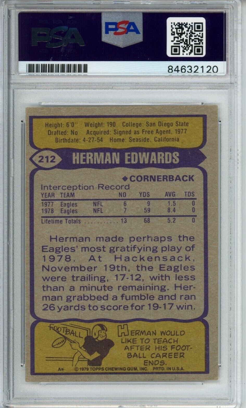1979 TOPPS #212 Herman Edwards Auto Signed Philadelphia Eagles PSA/DNA