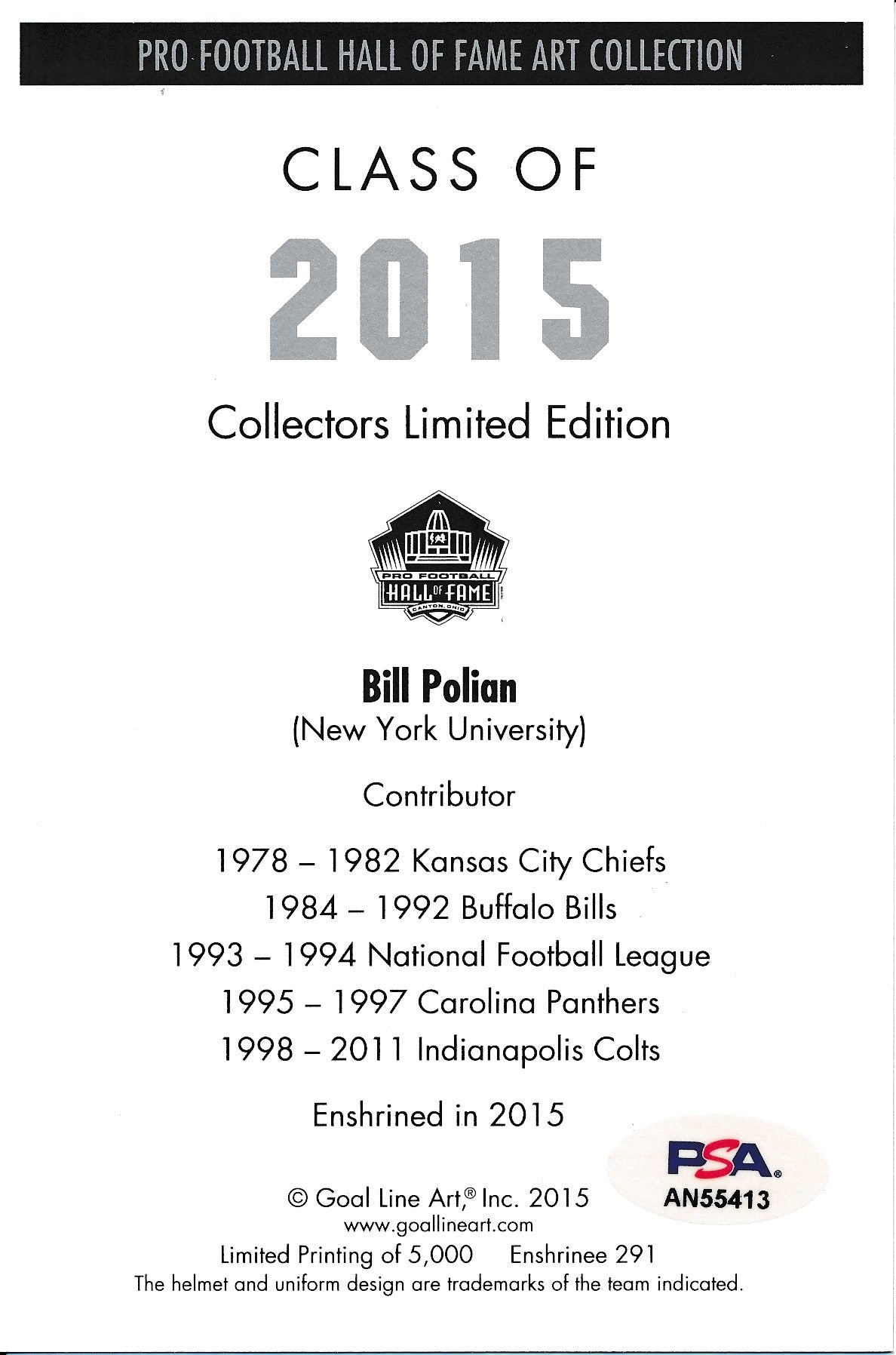 Bill Polian Colts Signed/Inscr 2015 GLAC/Goal Line Art Postcard PSA/DNA 186322
