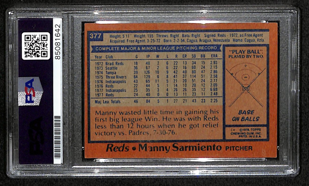 Manny Sarmiento Signed 1978 Topps Card #377 Cincinnati Reds PSA/DNA 184471