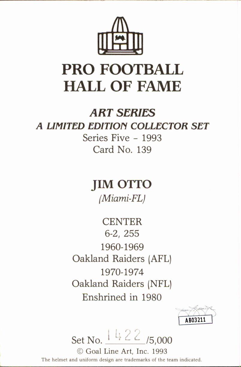 Jim Otto HOF Raiders Signed/Inscribed Goal Line Art GLAC Postcard JSA 167099