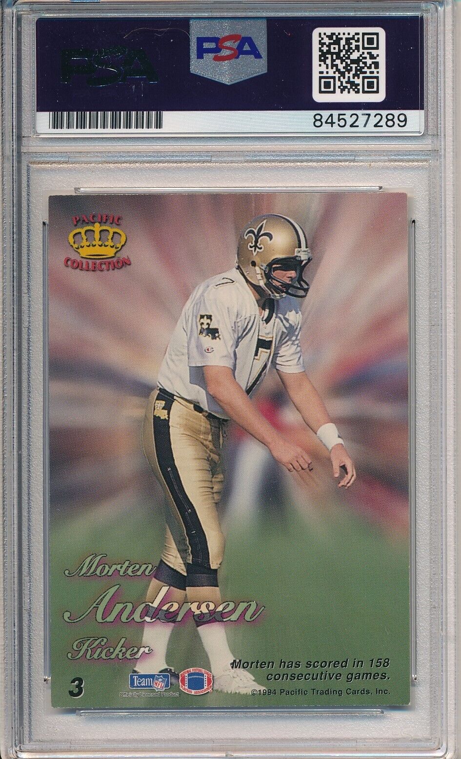 1994 Pacific Morten Andersen Card #3 Signed New Orleans Saints PSA/DNA