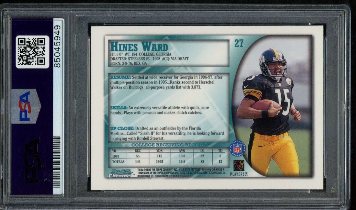 Hines Ward Steelers Autographed 1998 Bowman Chrome Rookie Card #27 PSA/DNA