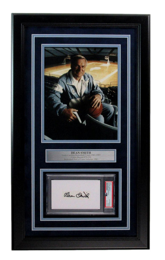 Dean Smith HOF Autographed Tar Heels 3x5 Cut with 8x10 Photo Framed PSA/DNA 8754