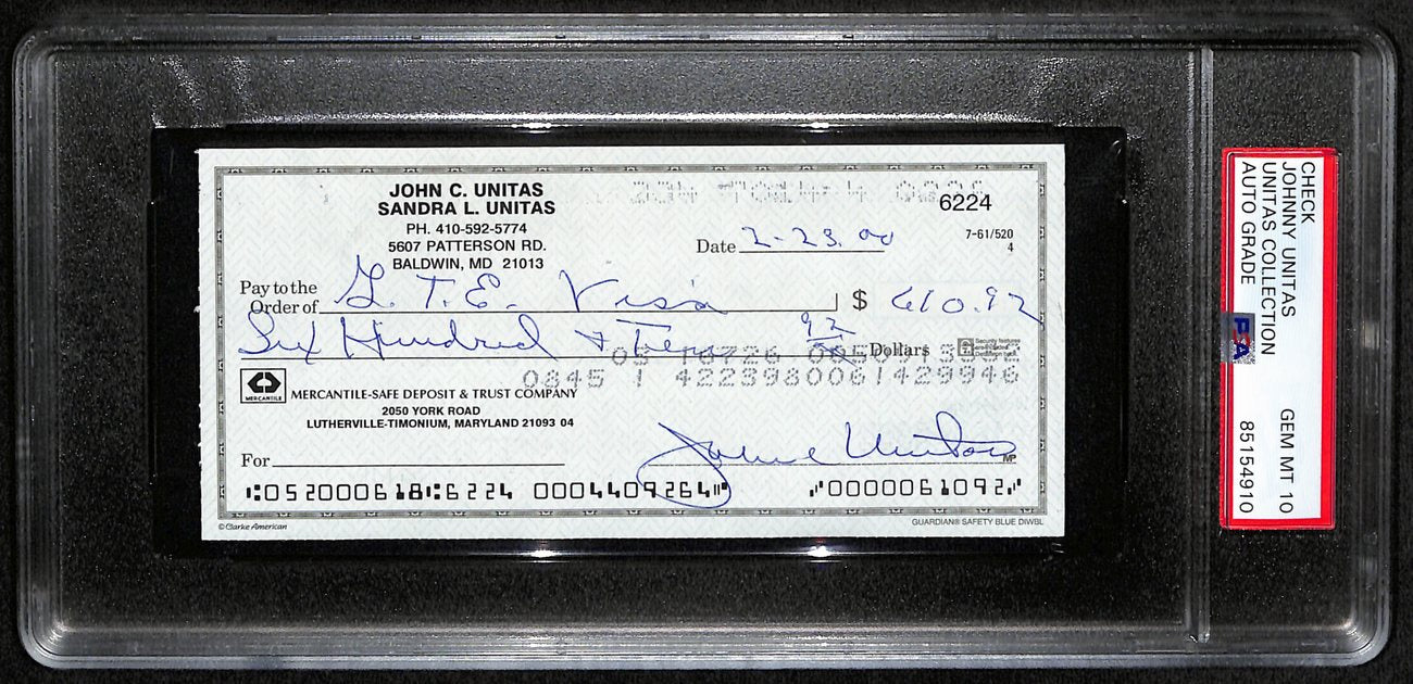 Johnny Unitas HOF Signed/Auto 2000 Bank Check Colts PSA/DNA GEM MT 10 189584